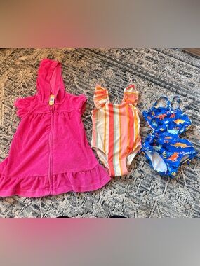 Cat & Jack Girls Pink Hooded Towel Dress and Two One-Piece Swimsuits